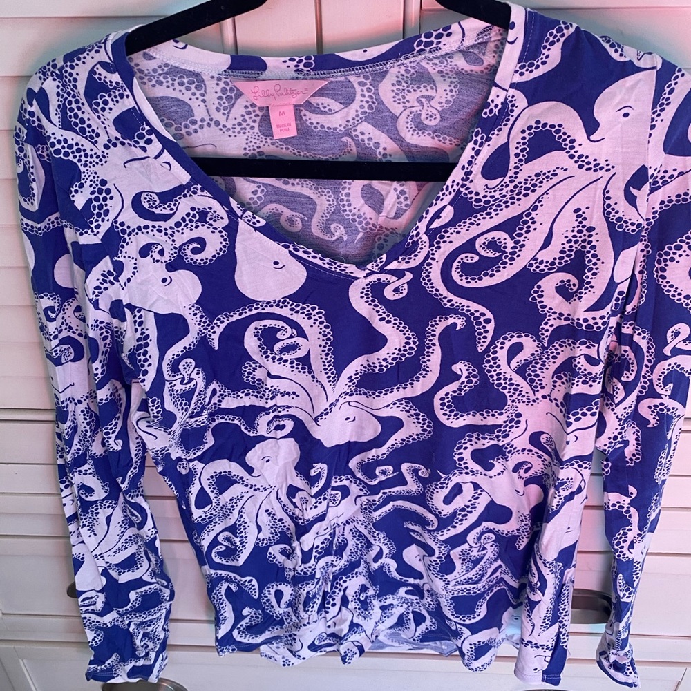 Lilly Pulitzer Blue and White Octopus Long Sleeve Top